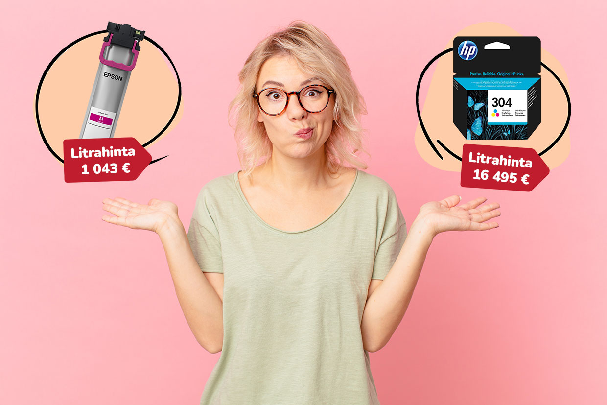 Ero musteiden litrahinnoissa halvimman ja kalleimman mustekasetin välillä on merkittävä. HP:n kasetti on yli 15 kertaa kalliimpi kuin Epsonin kasetti (1 043 € vs 16 495 €).